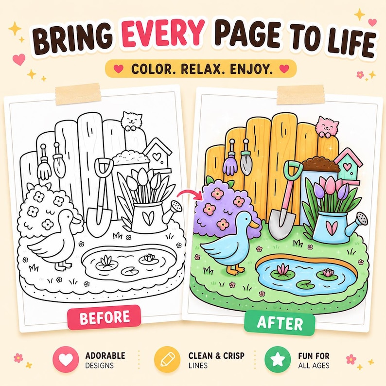 Puede incluir: Una comparaci&oacute;n de p&aacute;gina para colorear que muestra una escena de jard&iacute;n en blanco y negro a la izquierda y una versi&oacute;n a color a la derecha. La escena incluye un pato, un estanque, una pala, una valla y flores. El texto dice BRING EVERY PAGE TO LIFE.