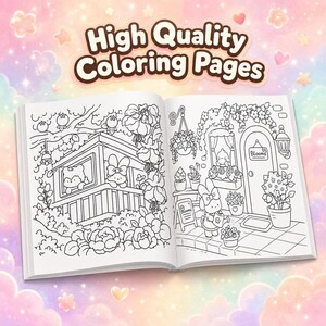 Puede incluir: Un libro para colorear abierto con ilustraciones de l&iacute;neas en blanco y negro de personajes de dibujos animados en un jard&iacute;n. La p&aacute;gina izquierda muestra una casa peque&ntilde;a con personajes en las ventanas, la derecha un personaje regando flores.