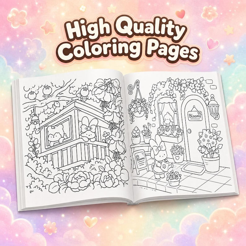 Puede incluir: Un libro para colorear abierto con ilustraciones de l&iacute;neas en blanco y negro de personajes de dibujos animados en un jard&iacute;n. La p&aacute;gina izquierda muestra una casa peque&ntilde;a con personajes en las ventanas, la derecha un personaje regando flores.