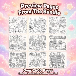 May include: A collection of nine black and white coloring pages with various themes, including animals, nature, and everyday objects. The text "Preview Pages From The Bundle" and "Over 2600 Pages Designed for Relaxing & Stress-Free Fun!" are displayed.