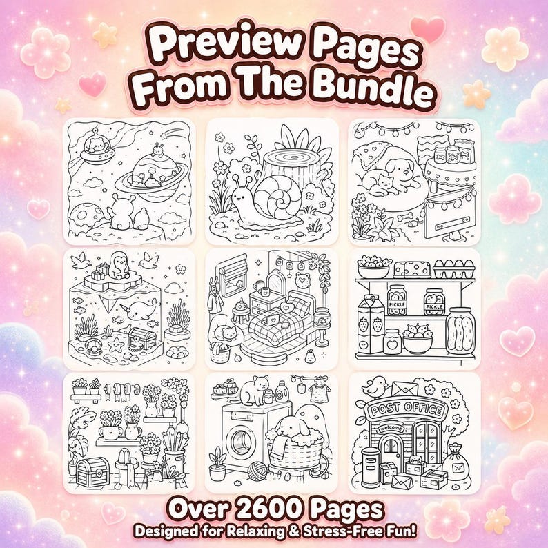 May include: A collection of nine black and white coloring pages with various themes, including animals, nature, and everyday objects. The text "Preview Pages From The Bundle" and "Over 2600 Pages Designed for Relaxing & Stress-Free Fun!" are displayed.