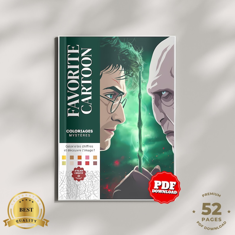 May include: A digital coloring book cover titled FAVORITE CARTOON featuring a green-toned illustration of two characters facing each other with a wand in the center. The cover includes the text COLORIAGES MYSTÈRES, a color palette, and a PDF DOWNLOAD badge.