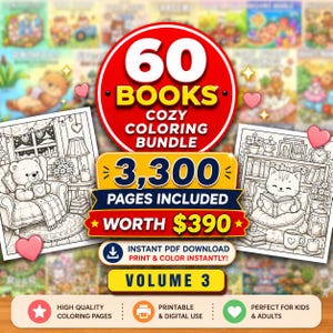 Cozy Coloring Book Bundle , +60 coloring books , 2800 Bold & Easy Pages (Digital Download)