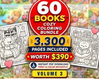 Paquete de libros para colorear acogedores, +60 libros para colorear, 3000 páginas llamativas y fáciles (descarga digital)