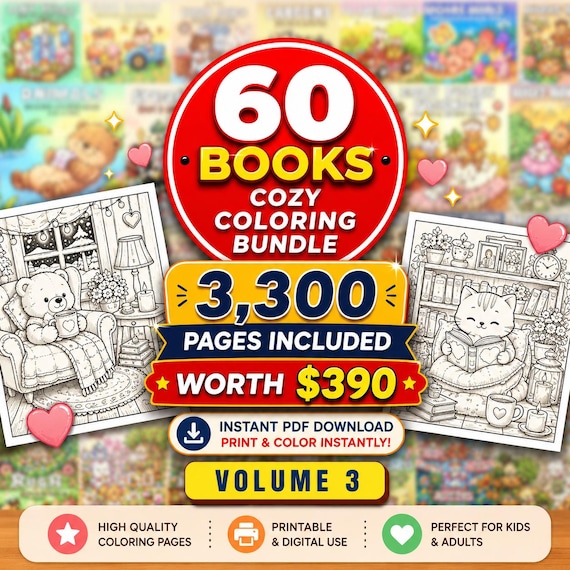 Cozy Coloring Book Bundle , +60 coloring books , 3000 Bold & Easy Pages (Digital Download)