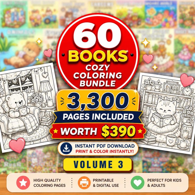 Cozy Coloring Book Bundle , +60 coloring books , 2800 Bold & Easy Pages (Digital Download)