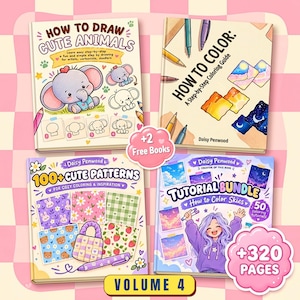 Könnte beinhalten: Vier pädagogische Kunstbücher mit den Titeln How to Draw Cute Animals, How to Color, 100+ Cute Patterns und Tutorial Bundle How to Color Skies von Daisy Penwood. Die Sammlung enthält zwei kostenlose Bücher und umfasst 320 Seiten, Band 4.