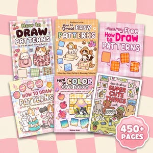 Puede incluir: Una colección de seis libros de dibujo coloridos con títulos como "How to Draw Patterns" y "How to Color Cute Stuff." Las portadas presentan ilustraciones de animales, patrones y objetos. Los libros están sobre un fondo a cuadros rosa y blanco.