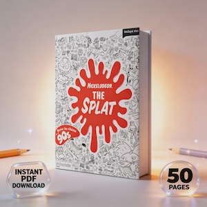 Könnte beinhalten: Ein Buch mit dem Titel "Nickelodeon The Splat" mit einem roten Klecks-Design. Das Cover zeigt schwarz-weiße Cartoon-Kritzeleien und den Text "Revive los clásicos 90s". Enthält Grafiken für "Sofortiger PDF-Download" und "50 Seiten".