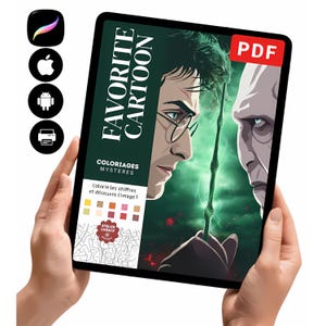 May include: A digital coloring book file displayed on a tablet screen featuring a dark green cover with the text FAVORITE CARTOON and COLORIAGES MYST&Egrave;RES. The artwork depicts two characters facing each other with a wand, accompanied by a color palette.