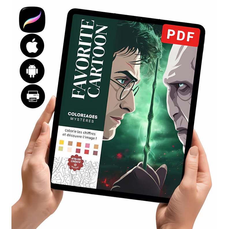May include: A digital coloring book file displayed on a tablet screen featuring a dark green cover with the text FAVORITE CARTOON and COLORIAGES MYST&Egrave;RES. The artwork depicts two characters facing each other with a wand, accompanied by a color palette.