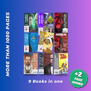May include: A collection of nine colouring books featuring various themes including cartoons, superheroes, horror, and cinema icons. The books are displayed in a grid layout with text stating MORE THAN 1000 PAGES, 9 Books in one, and +2 FREE BOOKS.