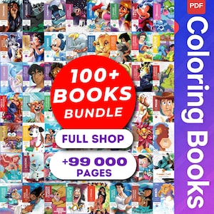 Könnte beinhalten: Ein digitales Paket mit über 100 Malbüchern, die verschiedene Disney-Figuren und Szenen zeigen. Die Grafik enthält den Text 100+ BOOKS BUNDLE, FULL SHOP, +99 000 PAGES und COLORING BOOKS, dargestellt in einem Raster mit rotem Kreis.