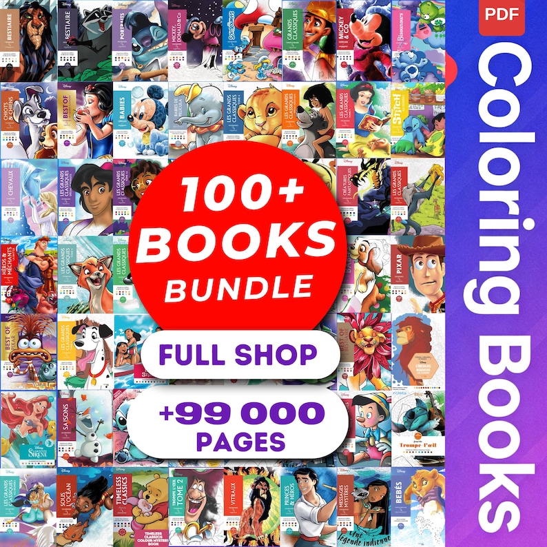 May include: A collection of over 100 Disney coloring books, featuring various characters and stories. The image includes the text "+100 BOOKS" and "99000+ PAGES". The books are arranged in a grid, with colorful covers and titles.