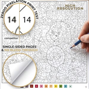 May include: A paint-by-number coloring page featuring a cartoon character, with text overlays stating ZEROO PIXELATION PRINT TEST, HIGH RESOLUTION, and SINGLE-SIDED PAGES & NO BLEED-THROUGH. A circular inset compares print quality.