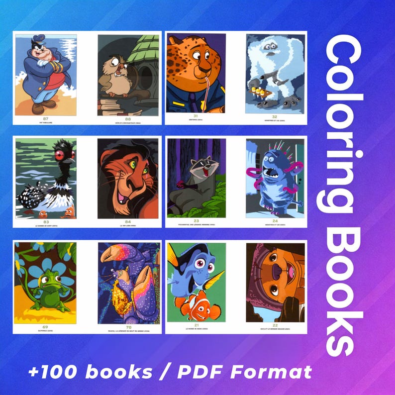 May include: A digital collection of coloring books featuring various animated characters in a grid layout. The text Coloring Books and +100 books / PDF Format is visible. Each individual illustration is numbered and displays colorful cartoon figures.
