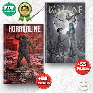 Könnte beinhalten: Zwei digitale Malbücher mit Horrormotiven. Das linke Buch mit dem Titel HORRORLINE zeigt eine maskierte Figur, die über einem Clown steht. Das rechte Buch mit dem Titel DARKLINE zeigt eine skelettierte Braut und einen Bräutigam auf einem Friedhof.
