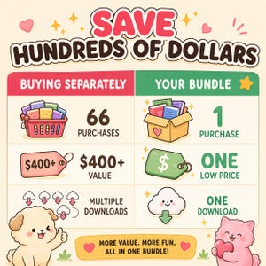 Puede incluir: Una infograf&iacute;a digital titulada SAVE HUNDREDS OF DOLLARS que compara compras por separado frente a un paquete. Muestra 66 compras, un valor de 400$+ y m&uacute;ltiples descargas frente a 1 compra, un precio bajo y una descarga, con dibujos de perro y gato.