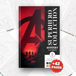 Puede incluir: Un libro rectangular titulado SUPERHERO COLLECTION MYSTERY COLORINGS 1 con una portada roja y negra que presenta una letra A grande y siluetas de cuatro figuras. Una insignia roja festoneada muestra el texto +42 PAGES.