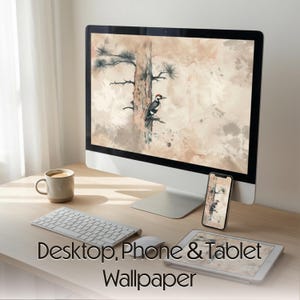 May include: A desktop computer, smartphone, and tablet display a nature-themed wallpaper featuring a woodpecker on a tree. A keyboard, mouse, and coffee mug are on the wooden desk. The text "Desktop, Phone & Tablet Wallpaper" is at the bottom.