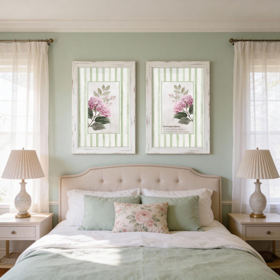 Striped Hydrangea Wall Art Set - Vintage French Floral Prints for ...