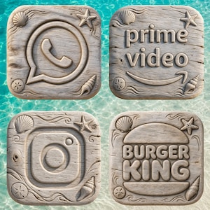 May include: Four square wooden plaques featuring carved icons of WhatsApp, Prime Video, Instagram, and Burger King. Each plaque is decorated with embossed seashells, starfish, and sand dollars, set against a light wood grain texture.
