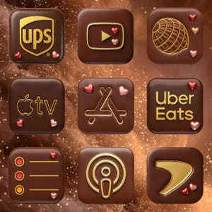 May include: Nine square chocolates with gold logos and red and pink heart decorations. The logos represent UPS, YouTube, a globe, Apple TV, the App Store, Uber Eats, a checklist, a podcast symbol, and a forward arrow.