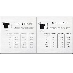 May include: A size chart for unisex youth and toddler t-shirts. The youth chart lists sizes XS to XL with widths from 16.14 to 20.08 inches, lengths from 20.47 to 26.38 inches, and sleeves from 6.34 to 8.5 inches. Toddler sizes 2T to 7T are also shown.