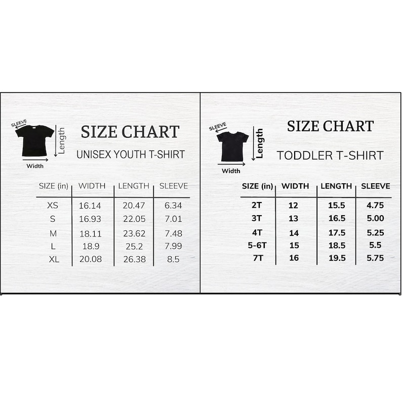 May include: A size chart for unisex youth and toddler t-shirts. The youth chart lists sizes XS to XL with widths from 16.14 to 20.08 inches, lengths from 20.47 to 26.38 inches, and sleeves from 6.34 to 8.5 inches. Toddler sizes 2T to 7T are also shown.