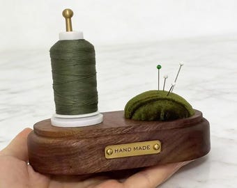 Personalized Walnut Wood Thread Stand & Needle Holder, Embroidery Thread Spool Rack, Sewing Organizer, Cross Stitch Supplies Storage