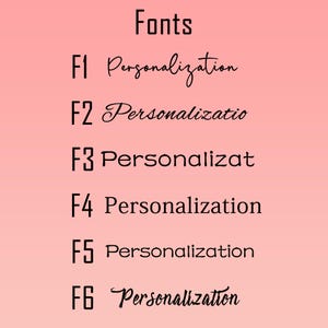 May include: A pink gradient background displays the word "Fonts" in black, followed by six font styles labeled F1 through F6. Each font style showcases the word "Personalization" in different fonts.
