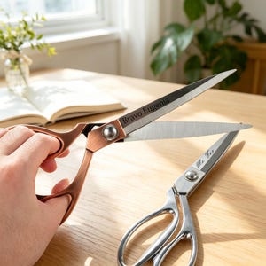 May include: A pair of copper-toned metal scissors with the text Bravo Eugenia engraved on the blade, held alongside a pair of silver-toned metal scissors with the text Ms. Fox engraved on the blade, both featuring sharp, pointed blades.