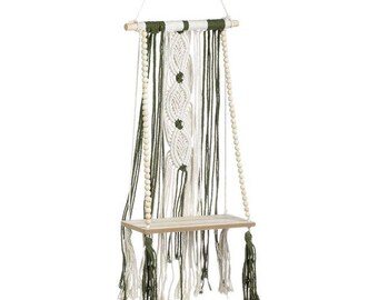 Macrame Hanging Shelf with Wooden Base, Boho Wall Shelf for Plants, Cotton Macrame Wall Decor, Small Hanging Plant Shelf 25x13cm