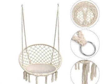 Macrame Hanging Chair Boho Swing, Cotton Rope Hammock Chair with Cushion, Bohemian Hanging Seat for Indoor Outdoor Garden,Macrame Swing