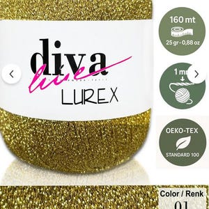 Op de afbeelding: Een goudkleurige bol Diva Lurex garen. Het etiket bevat de tekst "Diva Lurex" en details zoals 160 meter, 25 gram (0,88 oz) en Oeko-Tex Standard 100 certificering. De kleur is gelabeld als 01.