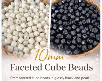 10mm Faceted Cube Beads, Black & Ivory Acrylic Beads, Geometric Spacer Beads for Jewelry Making, DIY Bracelet Necklace Craft Supplies,235 gr