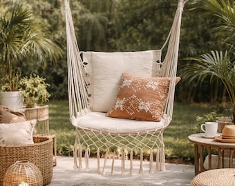 Boho Hammock Chair Macrame Hanging Chair with Wooden Bar, Cotton Hanging Swing Seat for Indoor Outdoor Garden Patio