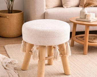 Boho Macrame Stool, Wooden Stool with Cotton Macrame Seat, Boho Footstool, Small Ottoman Stool, Rustic Boho Home Decor, Bohemian Seat