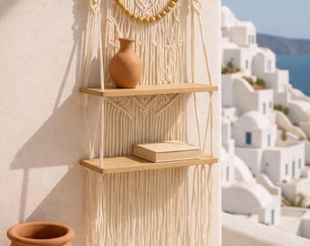 Macrame Plant Shelf with Wooden Shelves, Boho Hanging Plant Shelf, Macrame Wall Hanging Decor, Boho Wall Shelf for Plants,41x13x82cm