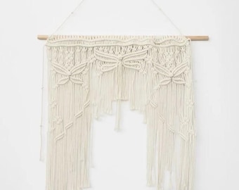 Macrame Window Curtain Boho, Handmade Cotton Macrame Valance, Bohemian Window Decor, Macrame Kitchen Curtain with Wooden Rod,76x91cm