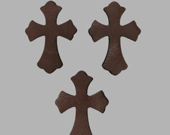 Brown Leather Heart & Gothic Celtic Cross Patch – Punk DIY Sewing Accessory for Denim Jackets, Bags, Street-wear Customization.