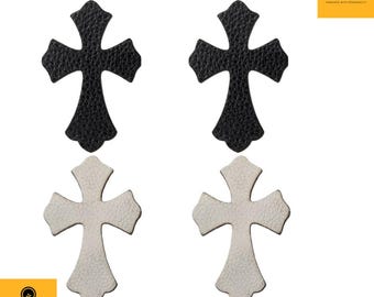 Black/White Leather Heart & Gothic Celtic Cross Patch – Punk DIY Sewing Accessory for Denim Jackets, Bags, Street-wear Customization.