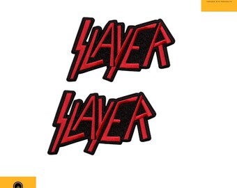 Metal Band Style Patch Set (2 Pcs) – Red Logo Iron-On Appliques for Jackets, Vests & DIY Fashion.