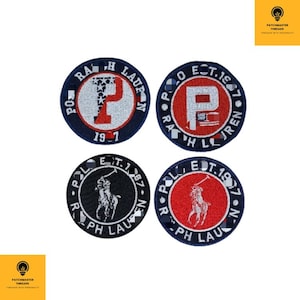 May include: Four circular embroidered patches. Two feature a red and white "P" with "Ralph Lauren" and "1991" text. The other two have a polo player logo in black and white, and red and white, with "Polo Ralph Lauren" and "Est. 1967" text.