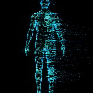 May include: Digital artwork of a human form constructed from blue-green binary code on black. The figure is partially dissolving, with sections of the body fading, creating a sense of digital transformation.