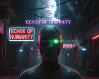May include: A futuristic digital art piece featuring a cyborg with a glowing green eye, set in a rainy, neon-lit alleyway. The words "ECHOES OF HUMANITY" are displayed in neon signs and a holographic display.