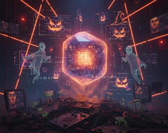 Haunted Cyber Core – Halloween AI Wall Art | Digital Download | Cyberpunk Ghosts & Glitch Tech Decor