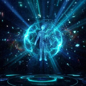 May include: A digital art piece featuring a glowing blue wireframe human figure within a sphere of energy. The background is a dark space with scattered data symbols and light beams, creating a futuristic, technological theme.