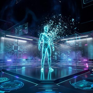 Könnte beinhalten: Eine futuristische digitale Darstellung einer menschlichen Figur, die sich teilweise auflöst und auf einer Plattform steht. Die Figur leuchtet blau, umgeben von holografischen Displays und einer High-Tech-Umgebung. Die Szene ist in Blau- und Lilatönen gehalten.