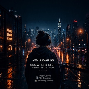 May include: A digital product cover for a Week 1 Podcast Pack titled Slow English, featuring a person wearing headphones at night in a city. Text includes Focus Learn Grow, 7 Audio Lessons, PDF Transcripts, and Vocabulary & Notes for B1/B2 levels.